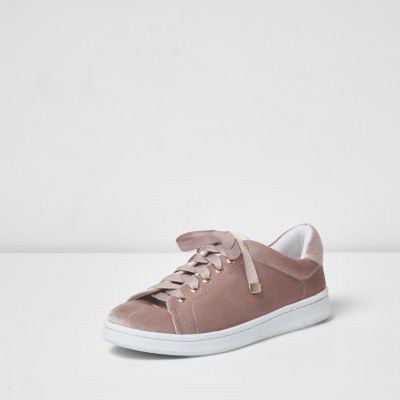 Blush pink velvet lace up trainers